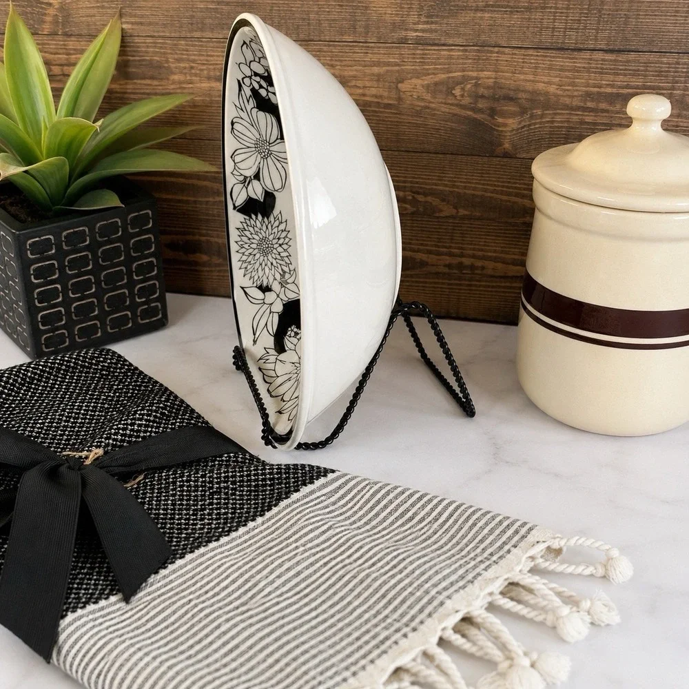 Vintage Black & White Floral Serving Bowl Retro Cottage Kitchen Farmhouse 9